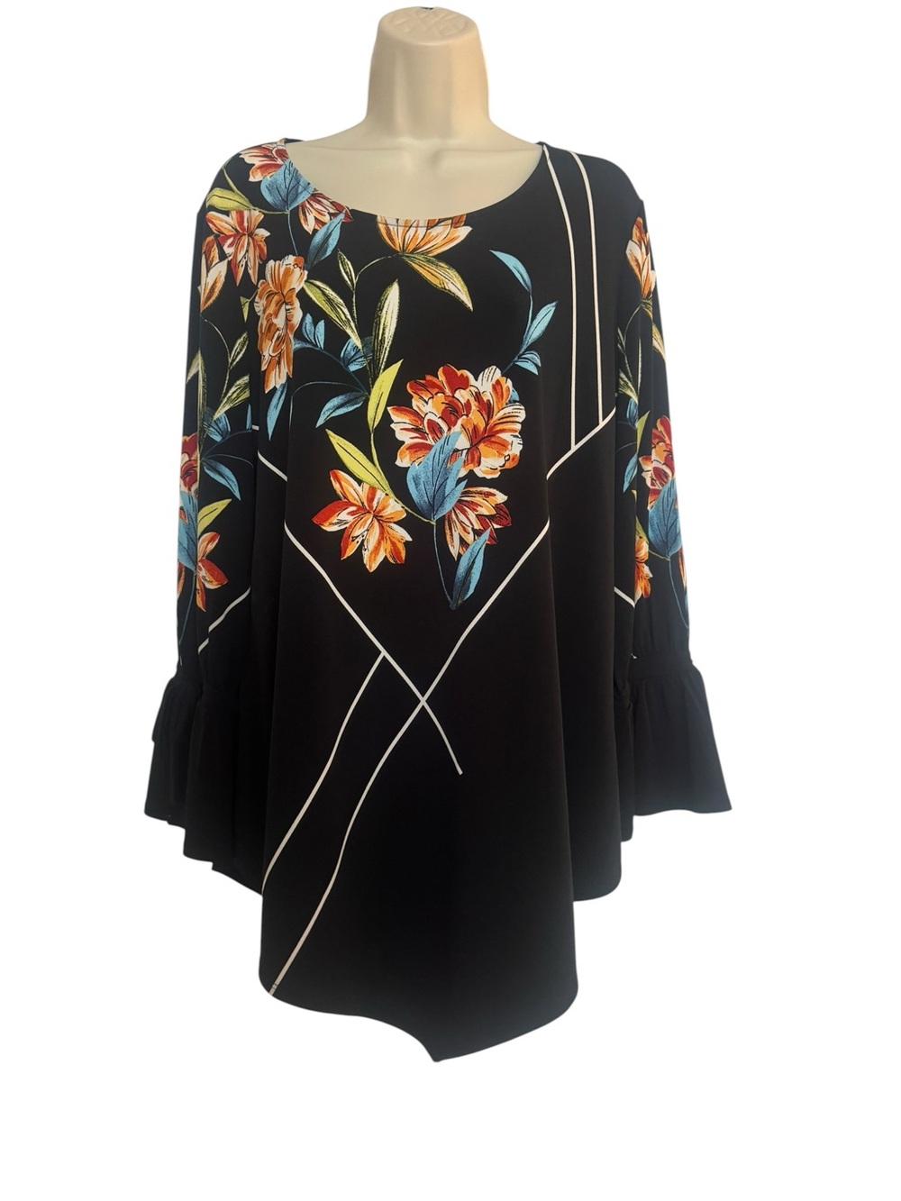 Alfani Sz Large Black Floral Bell-Sleeve Women's Top